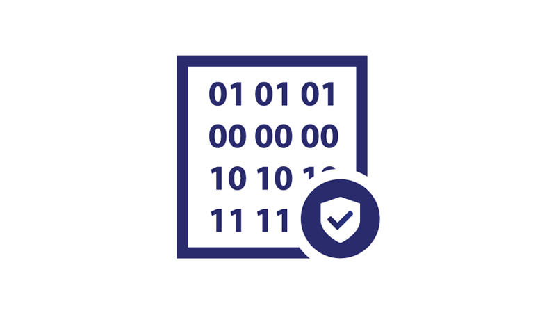 A block of binary code and a small shield with a checkmark sits in front of the code in the bottom right corner.  