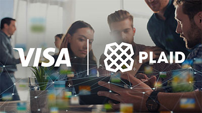 Visa and Plaid logos over an image of people working together at a desk looking at computers.